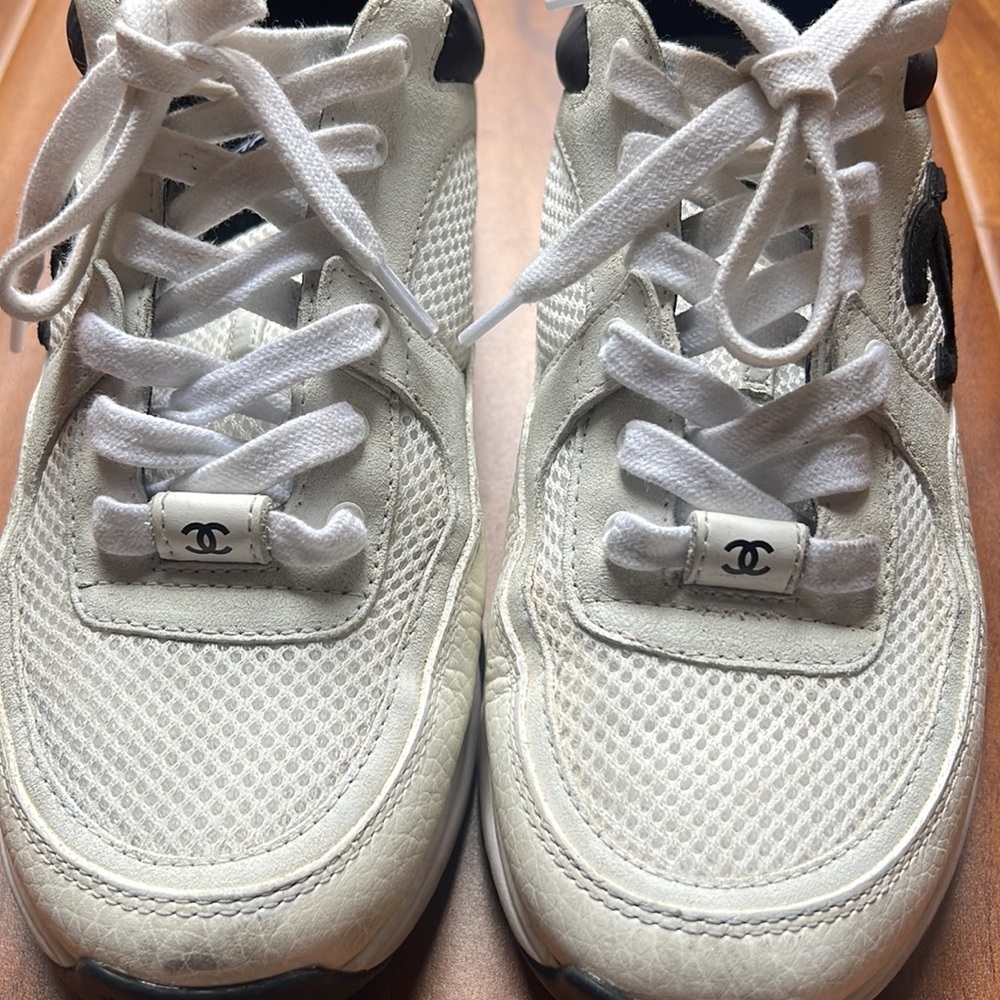 Authentic CHANEL White and Black Mesh Leather Sneakers - Picture 7 of 7